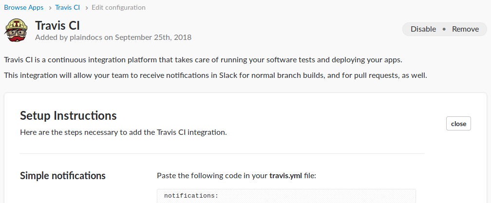 Screenshot of adding Slack integration